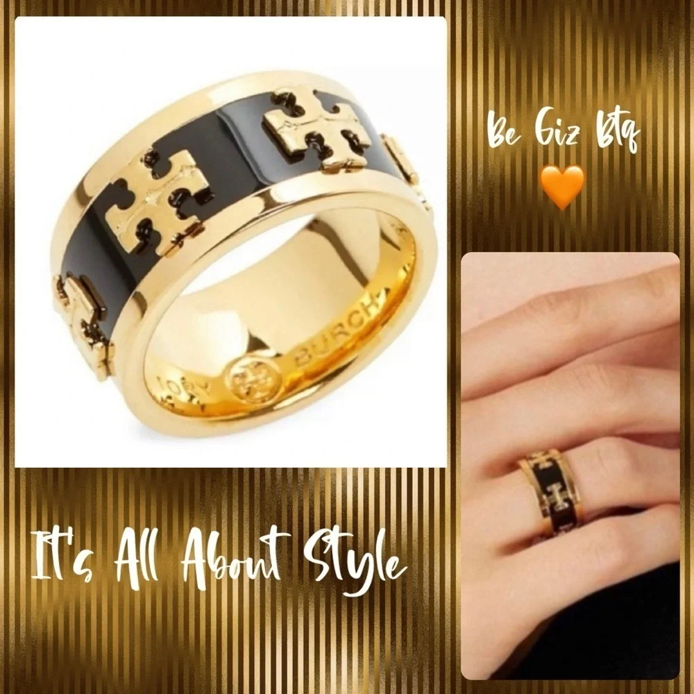 🆕 Tory Burch Authentic Wide Band Black Enamel With Gold Raised Logo Ring 7